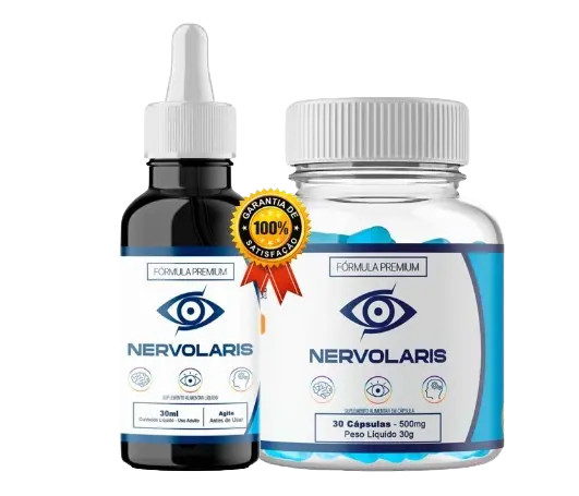 Frasco de Nervolaris, suplemento natural para a saúde dos olhos, com fórmula avançada que protege a visão e combate o cansaço visual